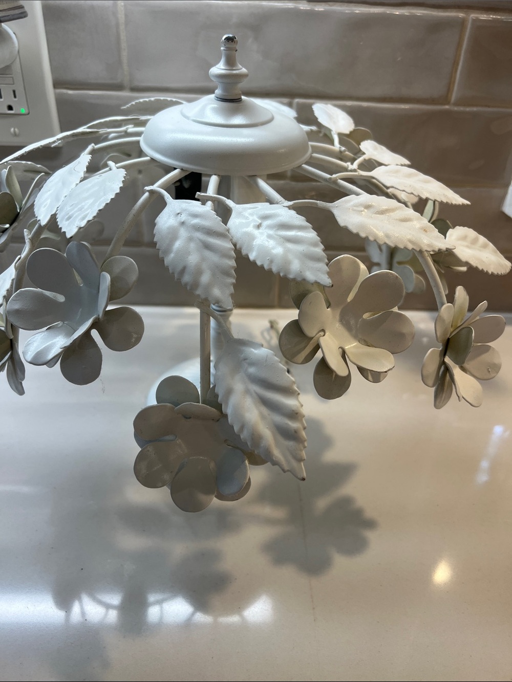White Vintage 70's French Metal Floral Pendant Light Shade